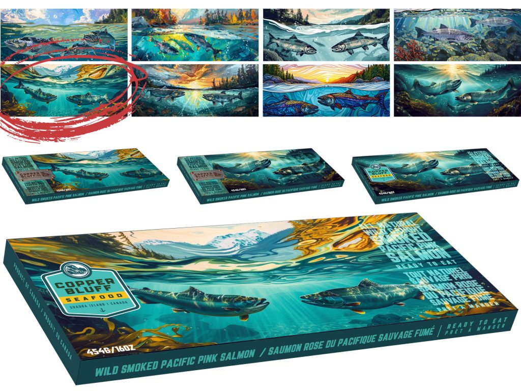 AI-generated smoked salmon packaging images